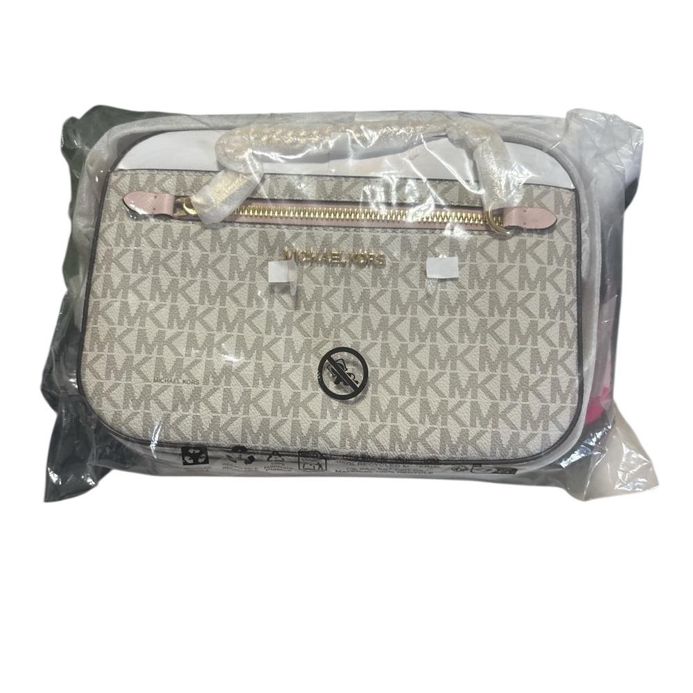 Michael Kors Signature Logo Purse Pink Trim Gold Chain NWT - Picture 7 of 8